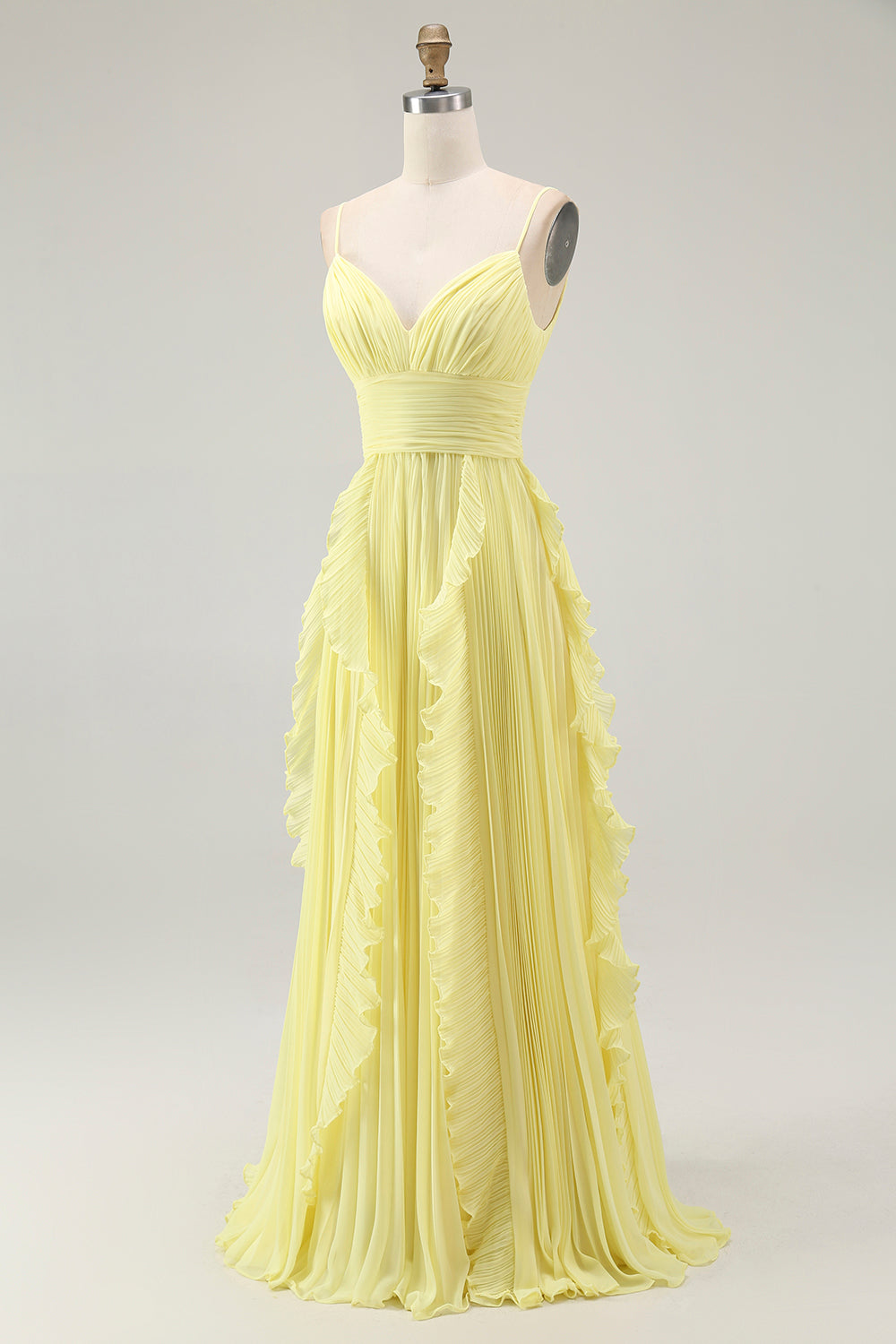 Yellow Spaghetti Straps Chiffon Pleated A-Line Long Wedding Guest Dress with Ruffles