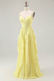 Yellow Spaghetti Straps Chiffon Pleated A-Line Long Wedding Guest Dress with Ruffles