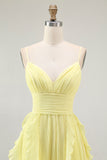 Yellow Spaghetti Straps Chiffon Pleated A-Line Long Wedding Guest Dress with Ruffles