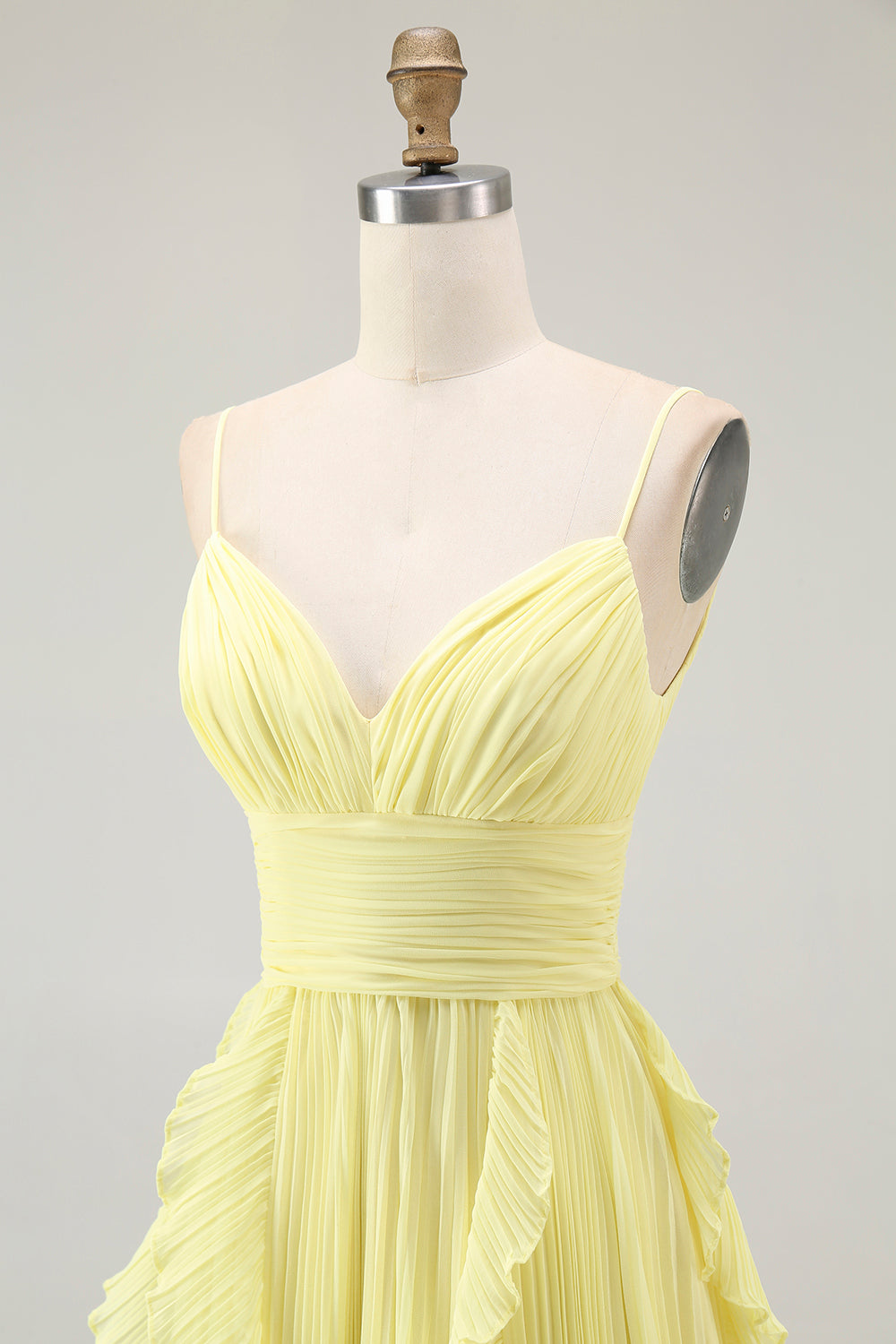 Yellow Spaghetti Straps Chiffon Pleated A-Line Long Wedding Guest Dress with Ruffles