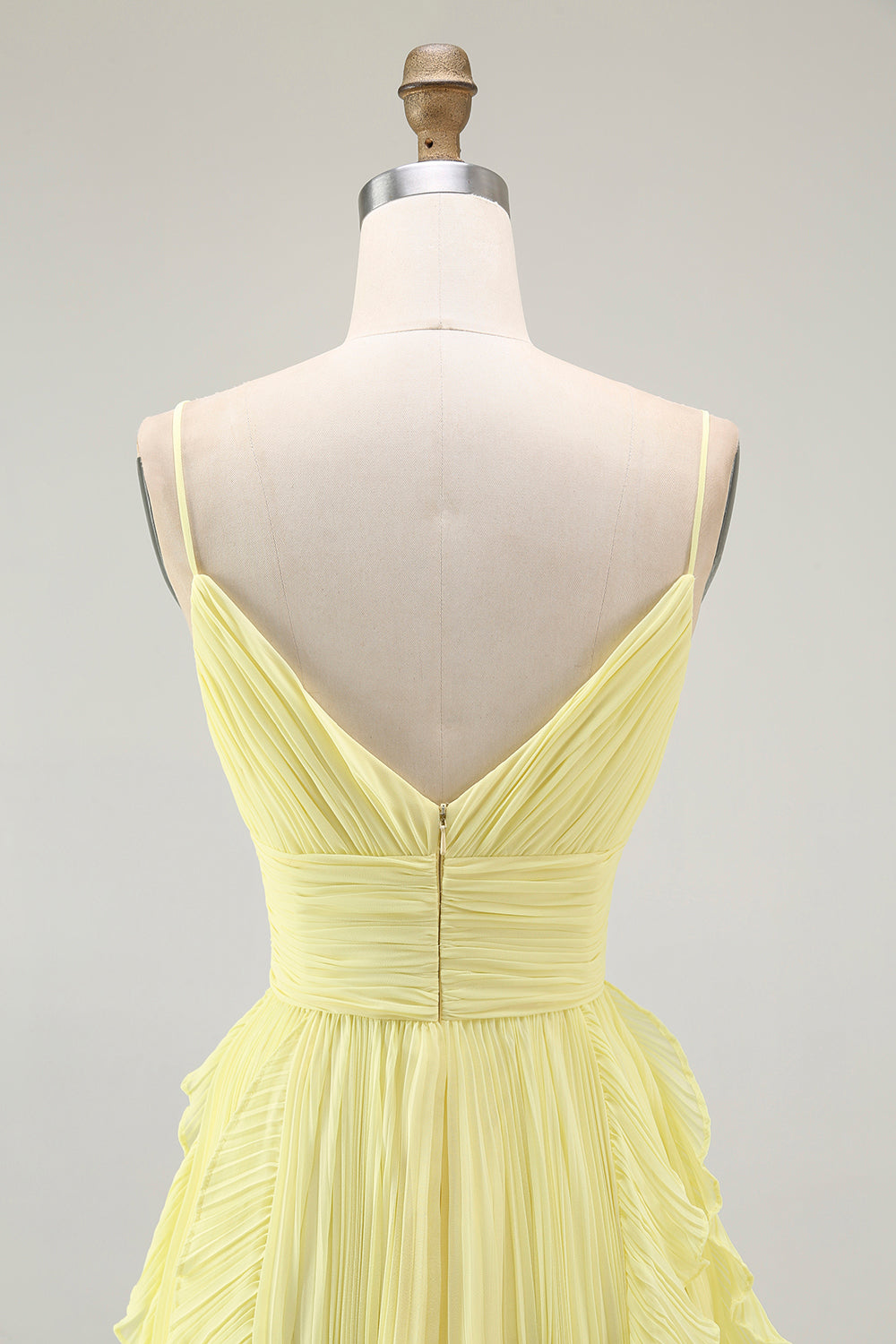 Yellow Spaghetti Straps Chiffon Pleated A-Line Long Wedding Guest Dress with Ruffles
