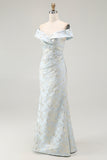Light Blue Floral Off the Shoulder Mermaid Long Wedding Guest Dress