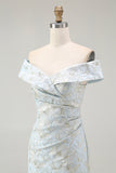 Light Blue Floral Off the Shoulder Mermaid Long Wedding Guest Dress