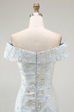 Light Blue Floral Off the Shoulder Mermaid Long Wedding Guest Dress