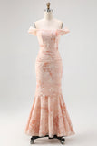 Champagne Printed Off the Shoulder Ruched Long Wedding Guest Dress