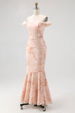 Champagne Printed Off the Shoulder Ruched Long Wedding Guest Dress