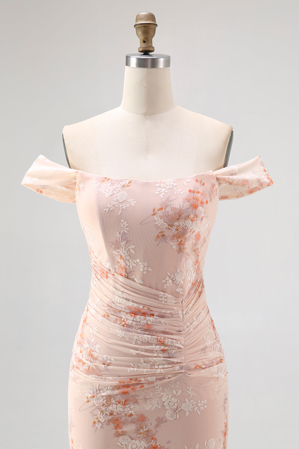 Champagne Printed Off the Shoulder Ruched Long Wedding Guest Dress