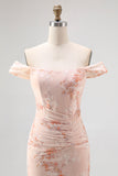 Champagne Printed Off the Shoulder Ruched Long Wedding Guest Dress