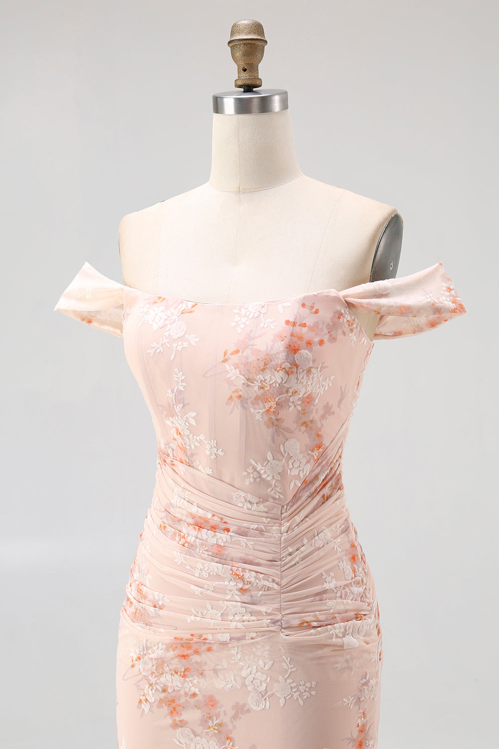Champagne Printed Off the Shoulder Ruched Long Wedding Guest Dress