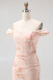 Champagne Printed Off the Shoulder Ruched Long Wedding Guest Dress