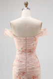 Champagne Printed Off the Shoulder Ruched Long Wedding Guest Dress