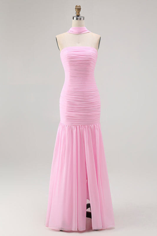 Blush Strapless Chiffon Ruched Neck Scarf Mermaid Long Wedding Guest Dress