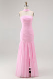 Blush Strapless Chiffon Ruched Neck Scarf Mermaid Long Wedding Guest Dress