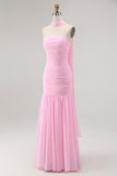 Blush Strapless Chiffon Ruched Neck Scarf Mermaid Long Wedding Guest Dress