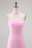 Blush Strapless Chiffon Ruched Neck Scarf Mermaid Long Wedding Guest Dress