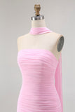 Blush Strapless Chiffon Ruched Neck Scarf Mermaid Long Wedding Guest Dress