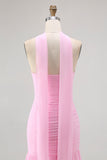 Blush Strapless Chiffon Ruched Neck Scarf Mermaid Long Wedding Guest Dress