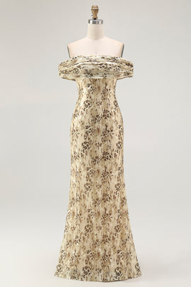 Champagne Floral Off the Shoulder Mermaid Long Wedding Guest Dress