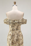 Champagne Floral Off the Shoulder Mermaid Long Wedding Guest Dress