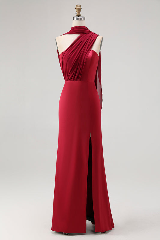 Burgundy One Shoulder Satin Mermaid Long Wedding Guest Dress with Slit