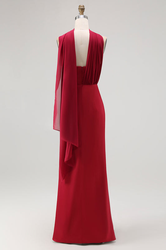 Burgundy One Shoulder Satin Mermaid Long Wedding Guest Dress with Slit
