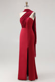 Burgundy One Shoulder Satin Mermaid Long Wedding Guest Dress with Slit