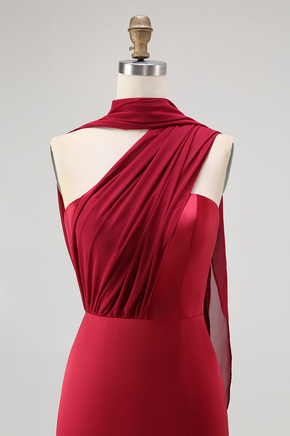 Burgundy One Shoulder Satin Mermaid Long Wedding Guest Dress with Slit