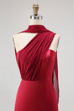 Burgundy One Shoulder Satin Mermaid Long Wedding Guest Dress with Slit