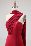 Burgundy One Shoulder Satin Mermaid Long Wedding Guest Dress with Slit