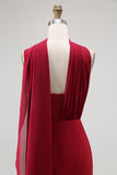Burgundy One Shoulder Satin Mermaid Long Wedding Guest Dress with Slit