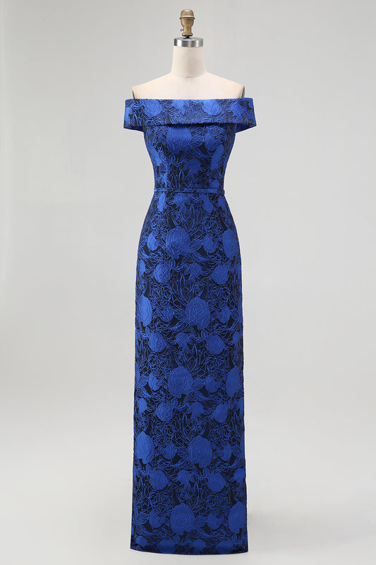 Dark Blue Floral Off the Shoulder Sheath Long Wedding Guest Dress with Slit