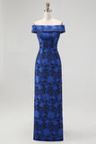 Dark Blue Floral Off the Shoulder Sheath Long Wedding Guest Dress with Slit