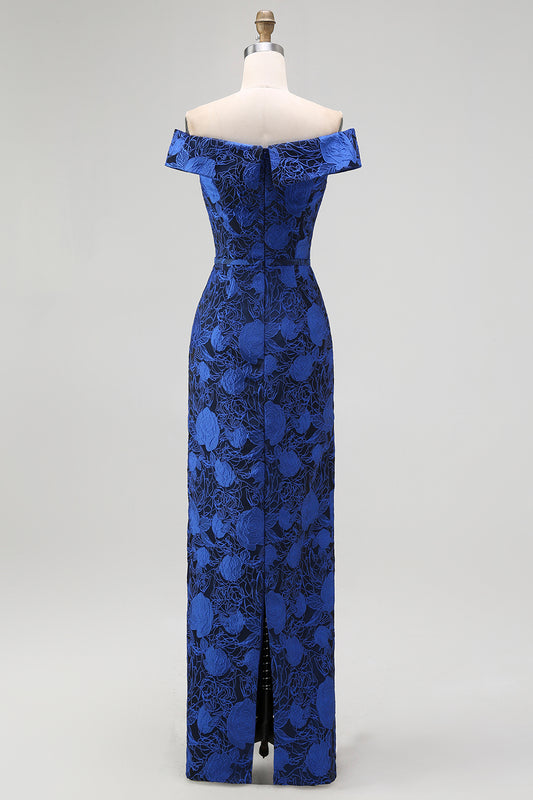 Dark Blue Floral Off the Shoulder Sheath Long Wedding Guest Dress with Slit