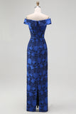Dark Blue Floral Off the Shoulder Sheath Long Wedding Guest Dress with Slit