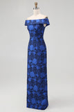 Dark Blue Floral Off the Shoulder Sheath Long Wedding Guest Dress with Slit
