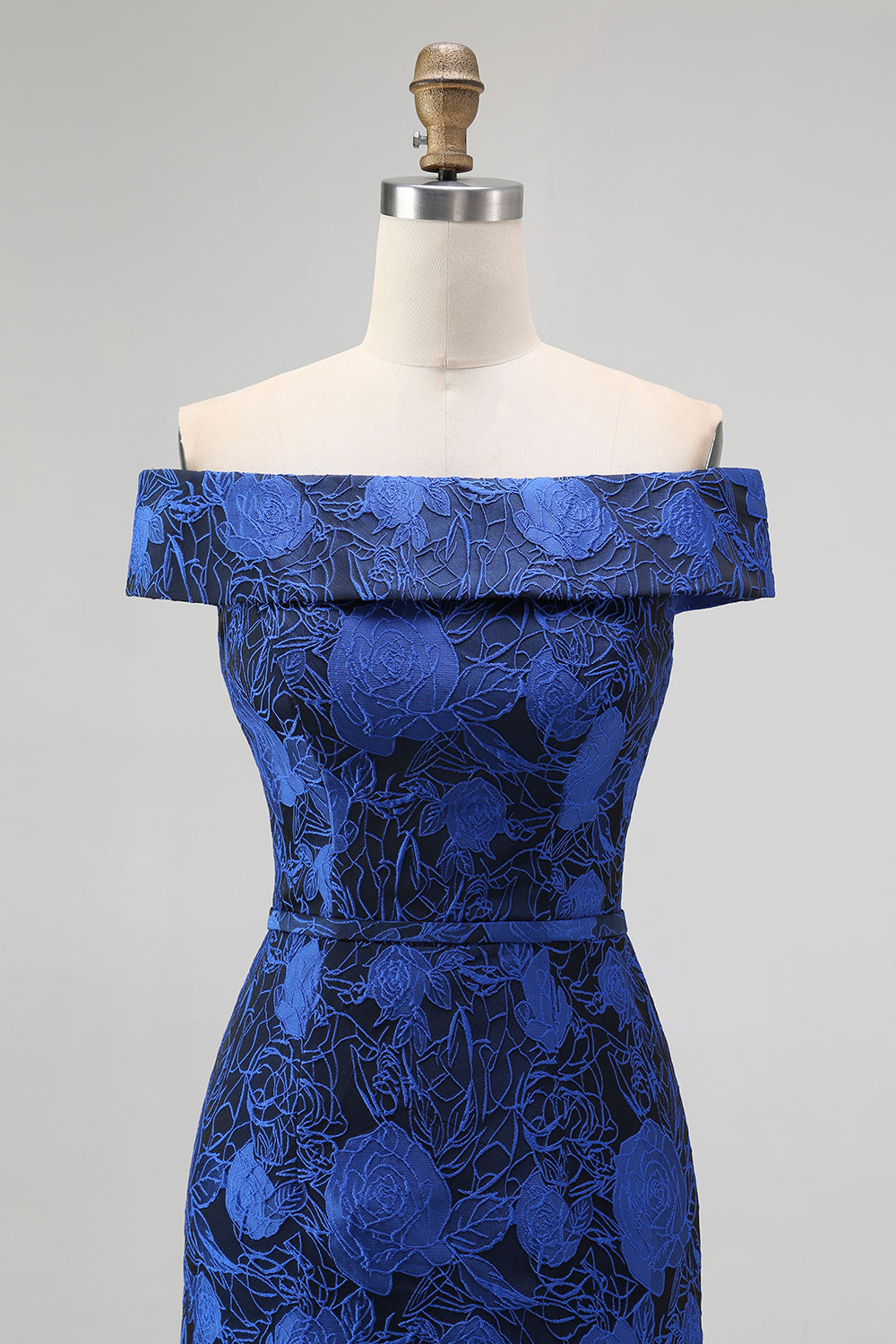 Dark Blue Floral Off the Shoulder Sheath Long Wedding Guest Dress with Slit