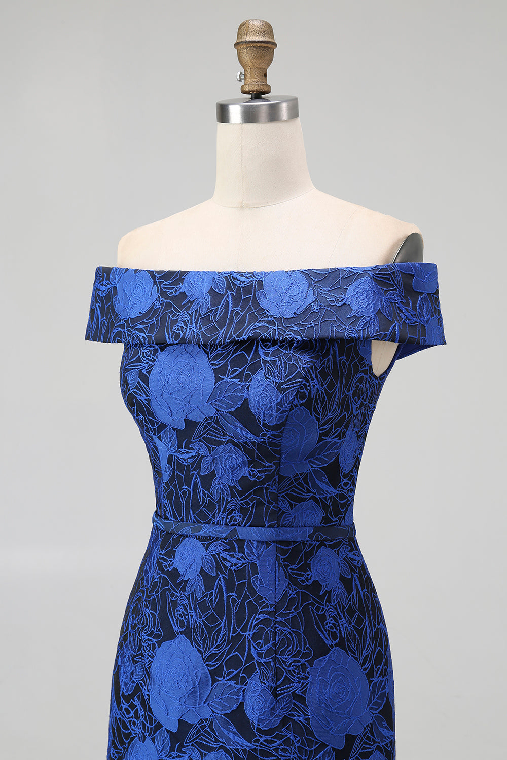 Dark Blue Floral Off the Shoulder Sheath Long Wedding Guest Dress with Slit