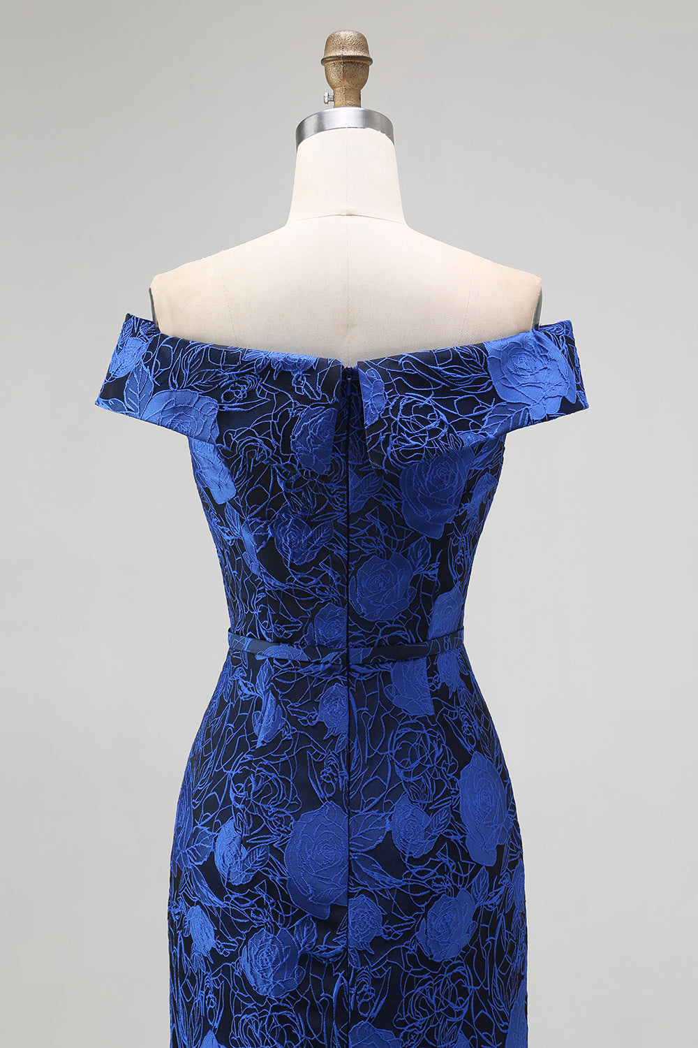 Dark Blue Floral Off the Shoulder Sheath Long Wedding Guest Dress with Slit