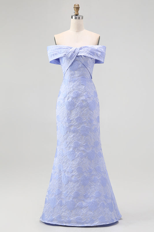 Blue Floral Off the Shoulder Mermaid Long Wedding Guest Dress