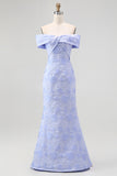 Blue Floral Off the Shoulder Mermaid Long Wedding Guest Dress