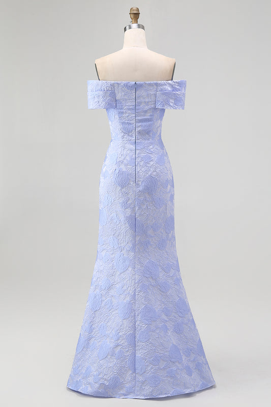 Blue Floral Off the Shoulder Mermaid Long Wedding Guest Dress