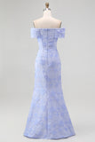 Blue Floral Off the Shoulder Mermaid Long Wedding Guest Dress