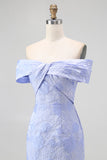 Blue Floral Off the Shoulder Mermaid Long Wedding Guest Dress