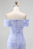 Blue Floral Off the Shoulder Mermaid Long Wedding Guest Dress