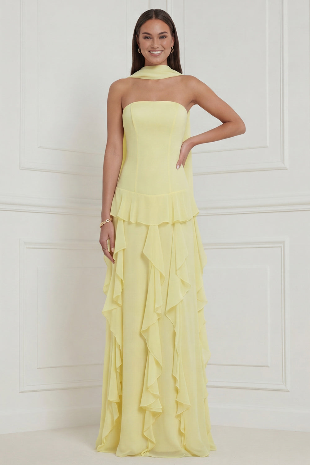 Yellow Strapless Chiffon Neck Scarf A-Line Ruffled Long Wedding Guest Dress