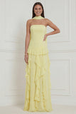 Yellow Strapless Chiffon Neck Scarf A-Line Ruffled Long Wedding Guest Dress