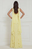 Yellow Strapless Chiffon Neck Scarf A-Line Ruffled Long Wedding Guest Dress