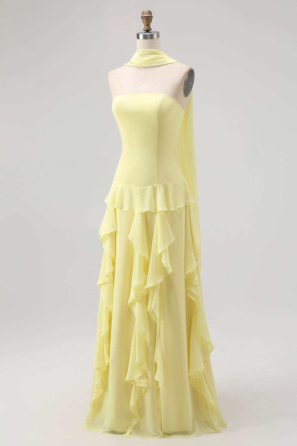 Yellow Strapless Chiffon Neck Scarf A-Line Ruffled Long Wedding Guest Dress