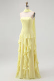 Yellow Strapless Chiffon Neck Scarf A-Line Ruffled Long Wedding Guest Dress