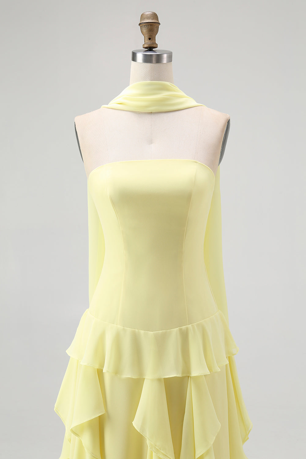 Yellow Strapless Chiffon Neck Scarf A-Line Ruffled Long Wedding Guest Dress